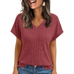 👑 Women's Burgundy Short Sleeve V Neck Stretch Ribbed Knitwear Pullover Sweater